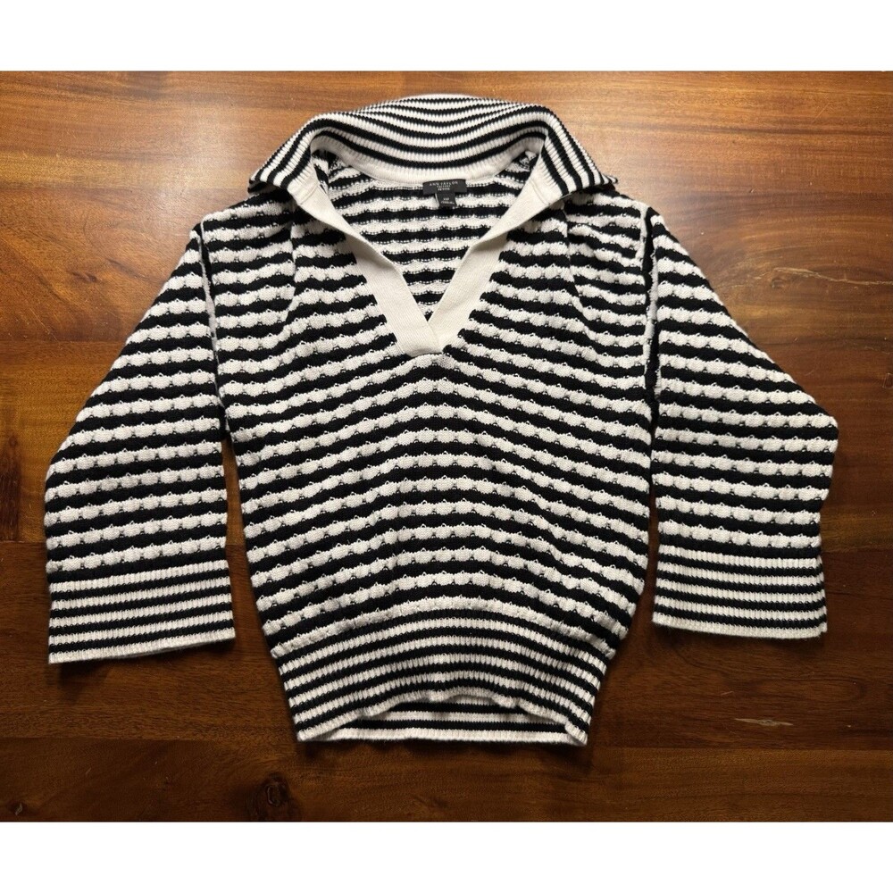 Ann Taylor Factory Women’s Black Striped Knit Pullover Sweater Petite XSP Collar